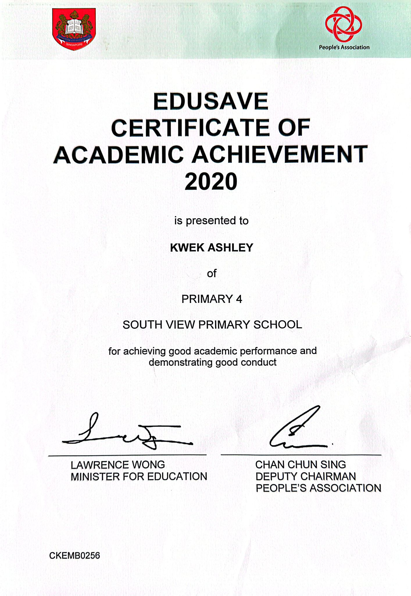 Edusave Certificate of Academic Achievement 2020