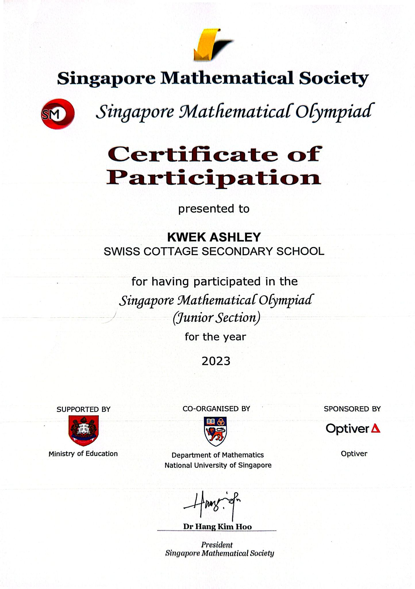 Singapore Mathematical Olympiad certificate of participation 2023